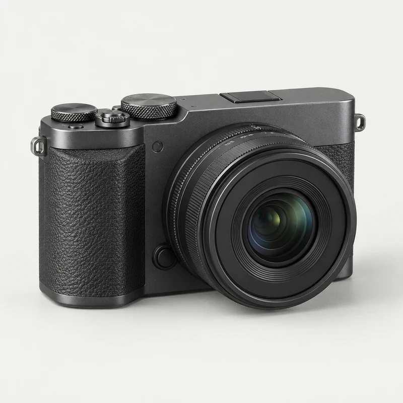 Compact graphite camera on a light studio background