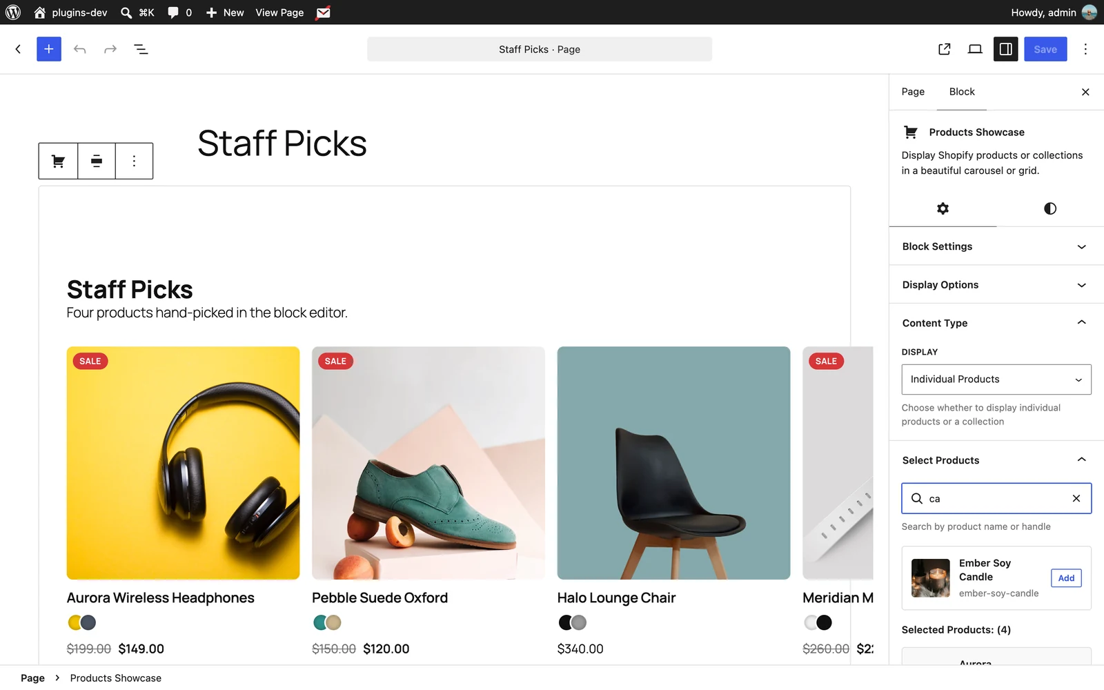 Actual Products Showcase Gutenberg editor with product search and selected Shopify products