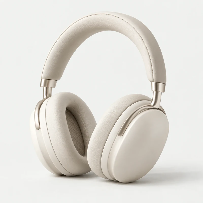 Cream over-ear headphones on a light studio background