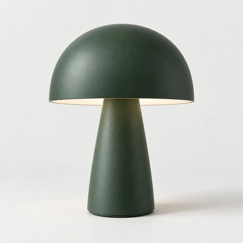 Forest green portable mushroom lamp on a light studio background